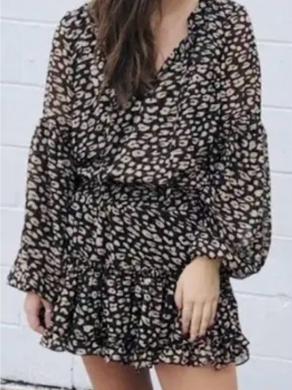 Leopard Mini Dress by Buddy Love Babydoll Mini Tie-Neck Puff Sleeve NWT